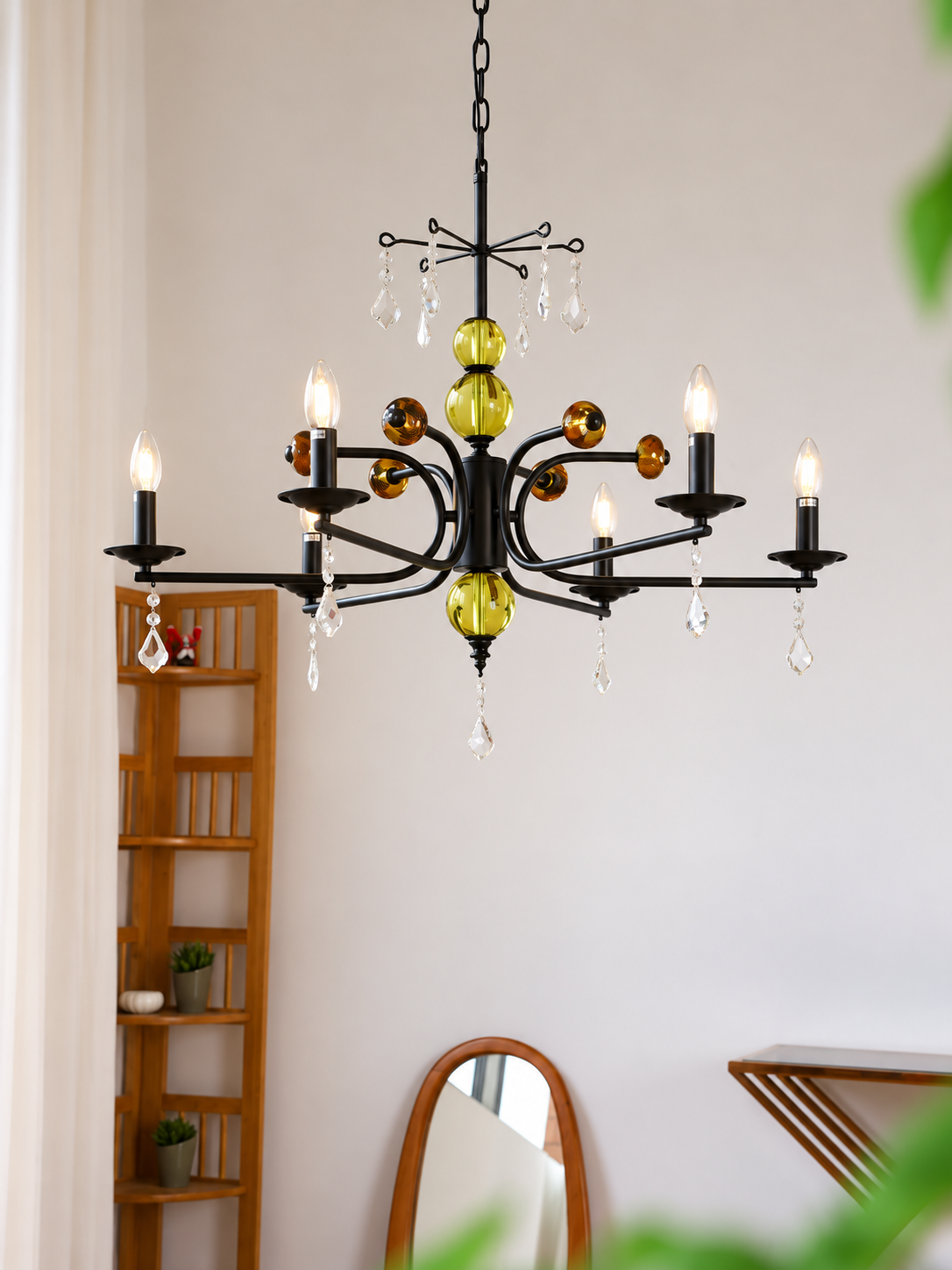MD4055 black curved-arm chandelier with colored glass accents, 6 Lights / Clear Bulbs