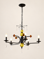 MD4055 black curved-arm chandelier with colored glass accents, 5 Lights / Milky White Bulbs