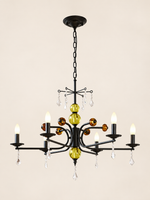 MD4055 black curved-arm chandelier with colored glass accents, 6 Lights / Milky White Bulbs