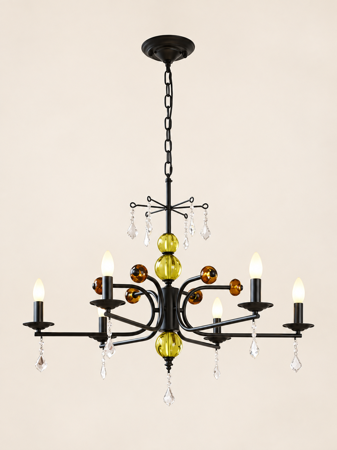 MD4055 black curved-arm chandelier with colored glass accents, 6 Lights / Milky White Bulbs