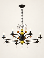 MD4055 black curved-arm chandelier with colored glass accents, 8 Lights / Milky White Bulbs