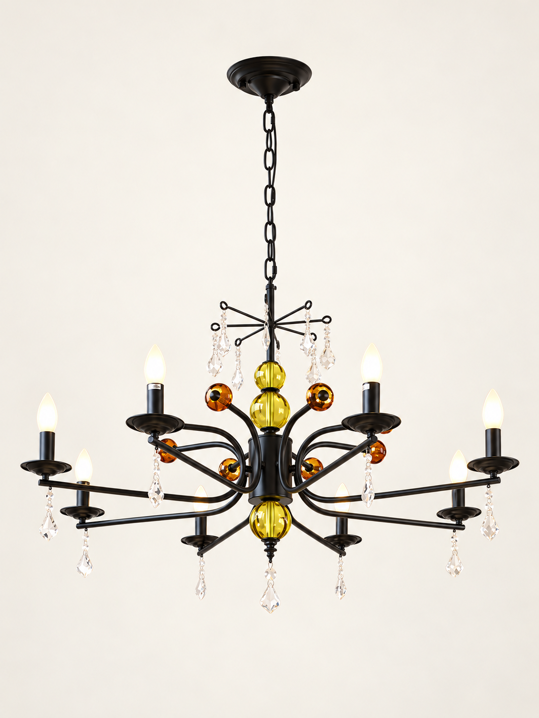 MD4055 black curved-arm chandelier with colored glass accents, 8 Lights / Milky White Bulbs