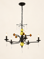 MD4055 black curved-arm chandelier with colored glass accents, 5 Lights / Clear Bulbs