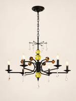 MD4055 black curved-arm chandelier with colored glass accents, 6 Lights / Clear Bulbs