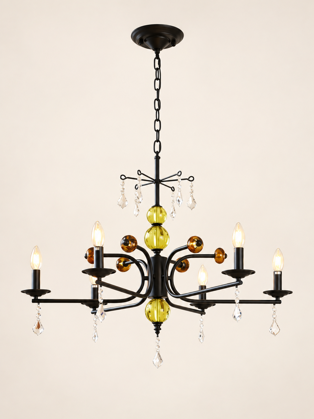 MD4055 black curved-arm chandelier with colored glass accents, 6 Lights / Clear Bulbs
