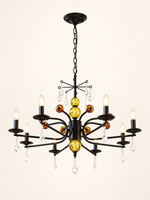MD4055 black curved-arm chandelier with colored glass accents, 8 Lights / Clear Bulbs