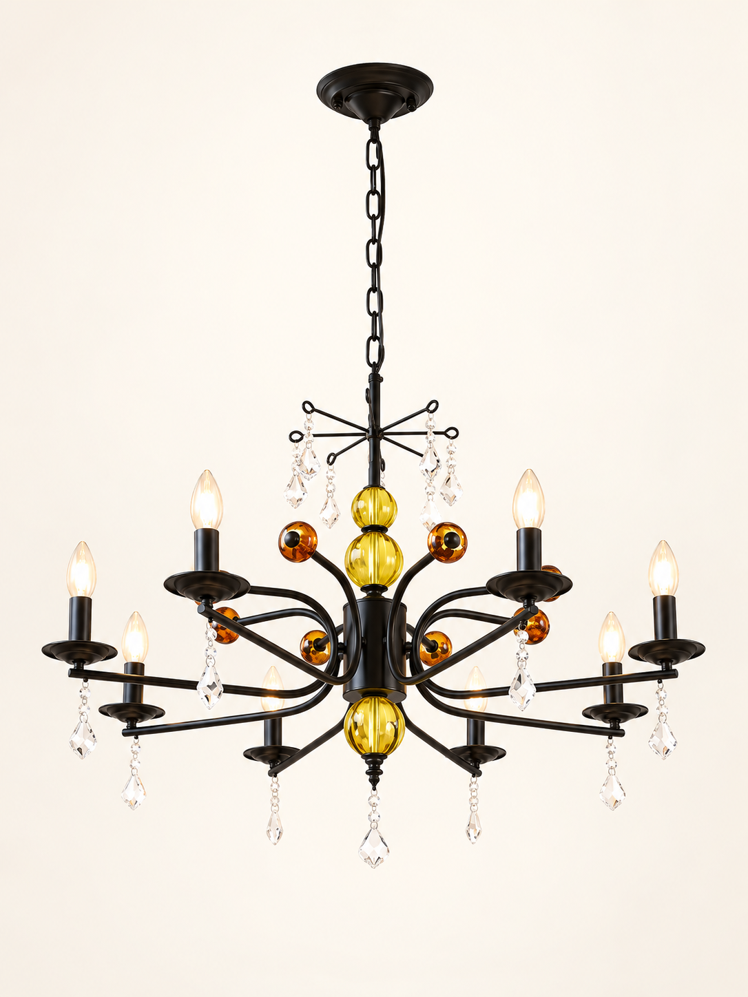 MD4055 black curved-arm chandelier with colored glass accents, 8 Lights / Clear Bulbs