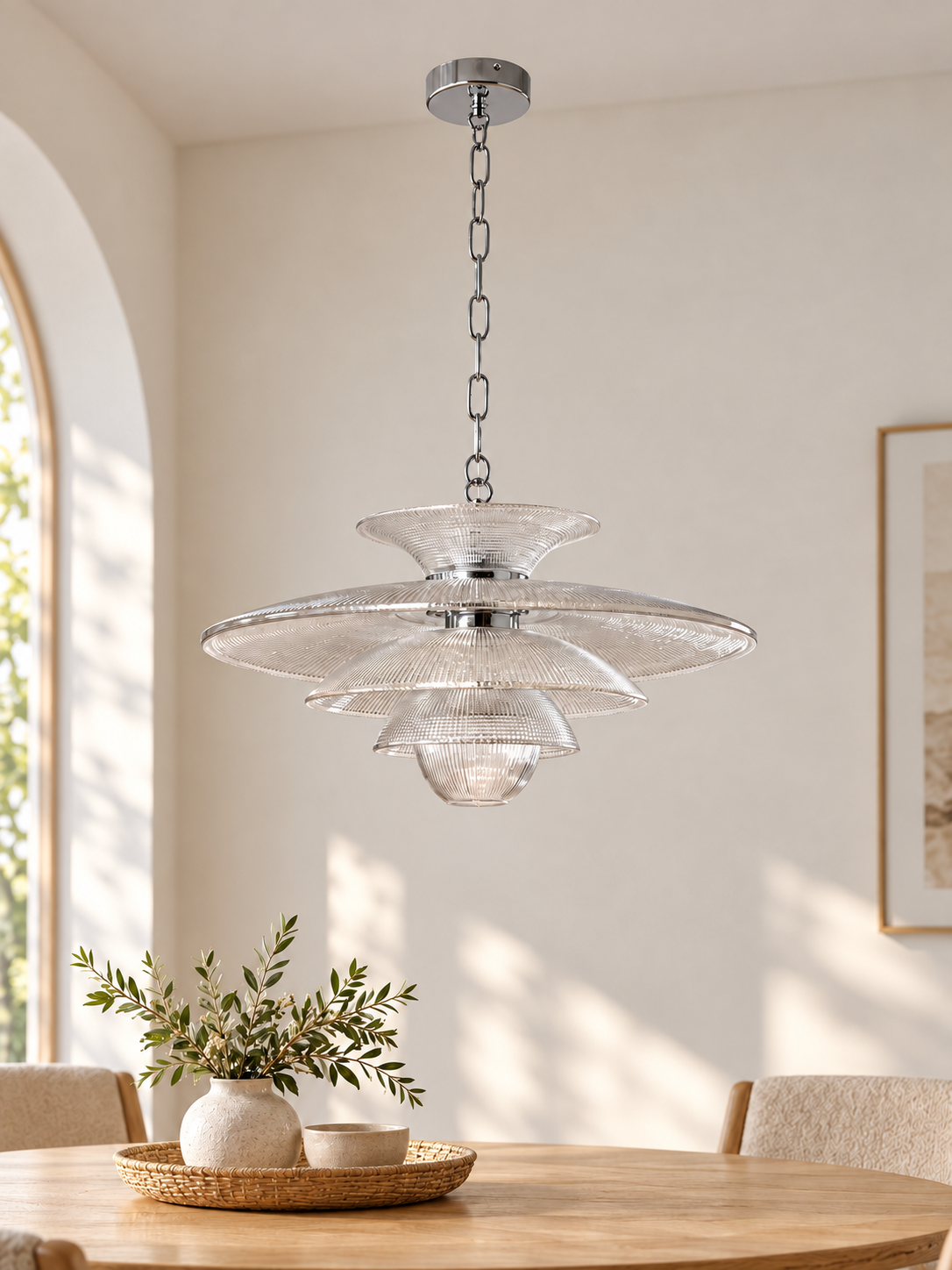 Clear ribbed glass pendant in a daylight dining nook