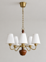 MD4596 5-light chandelier with white pleated fabric shades, copper-tone arms and walnut-colored wood