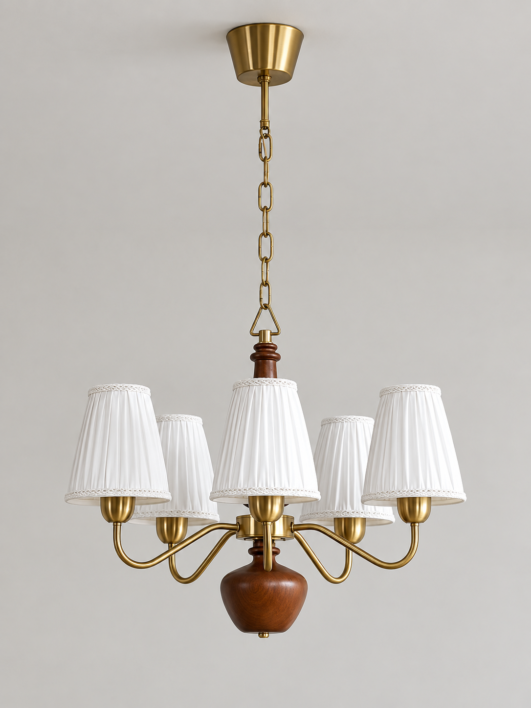 MD4596 5-light chandelier with white pleated fabric shades, copper-tone arms and walnut-colored wood