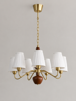MD4596 7-light chandelier with white pleated fabric shades, copper-tone arms and walnut-colored wood