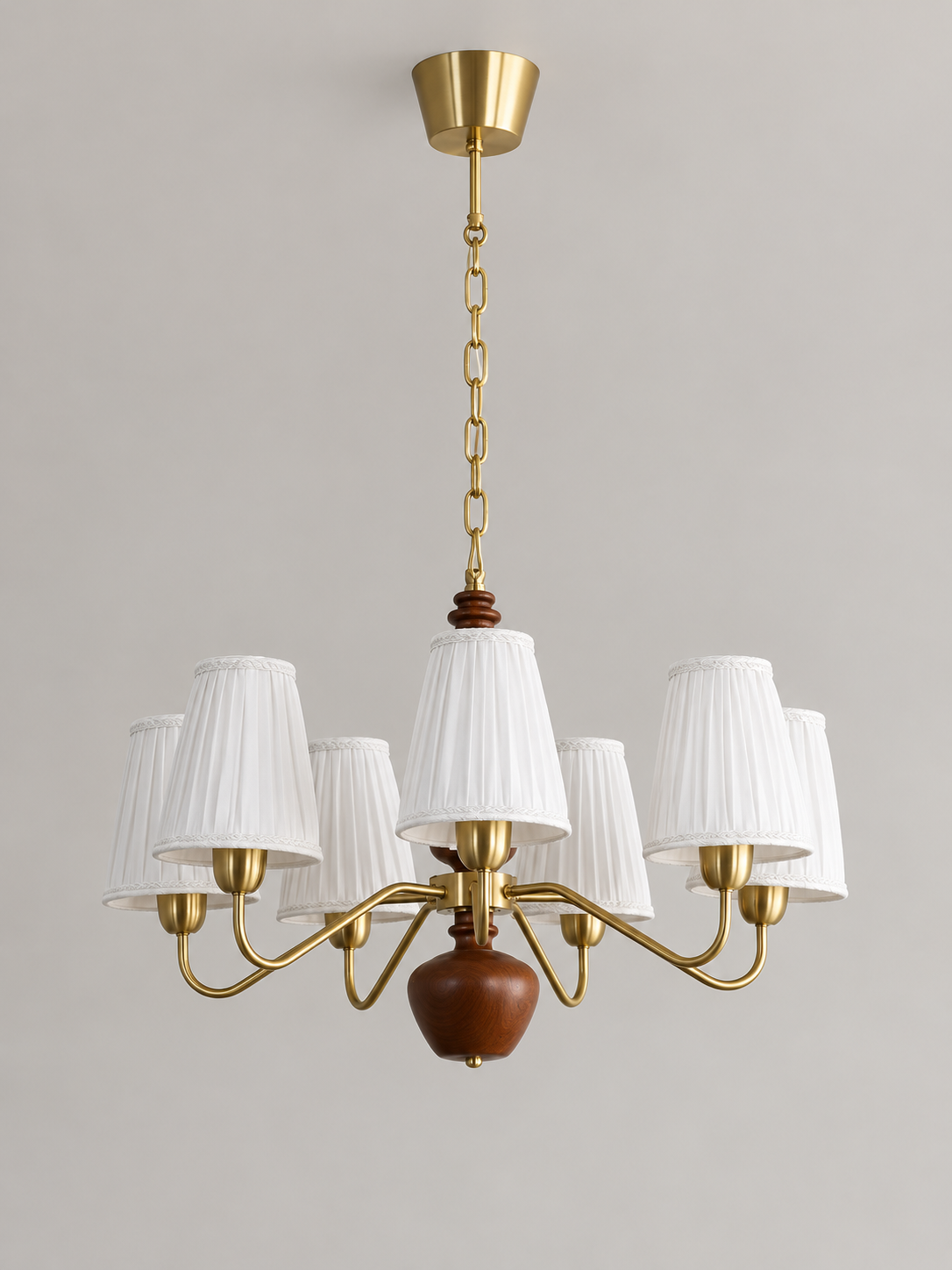 MD4596 7-light chandelier with white pleated fabric shades, copper-tone arms and walnut-colored wood