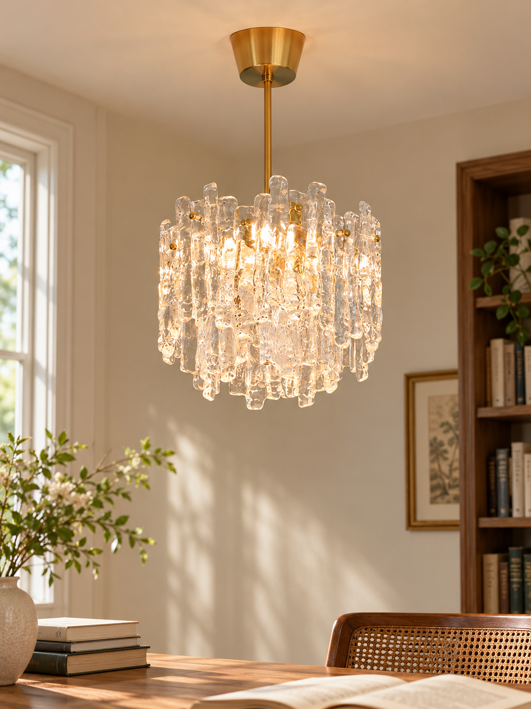 Round 34 cm Ice Texture Glass Chandelier in a warm reading room