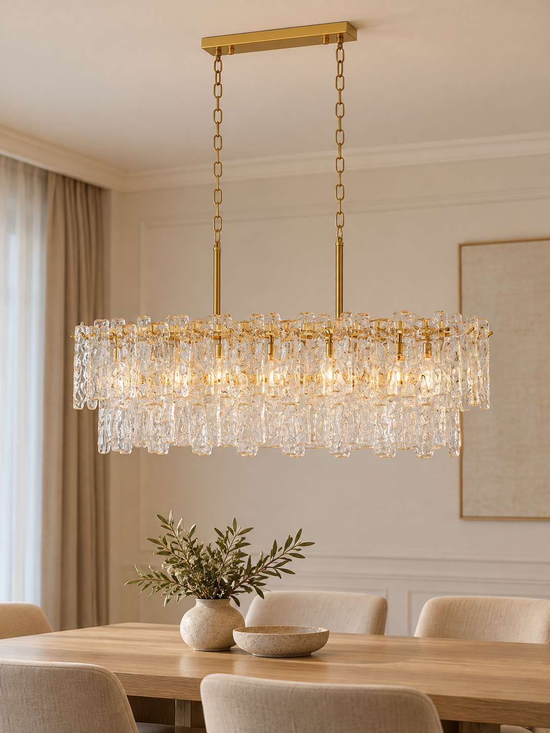 Linear 90 cm Ice Texture Glass Chandelier with two-point chain suspension