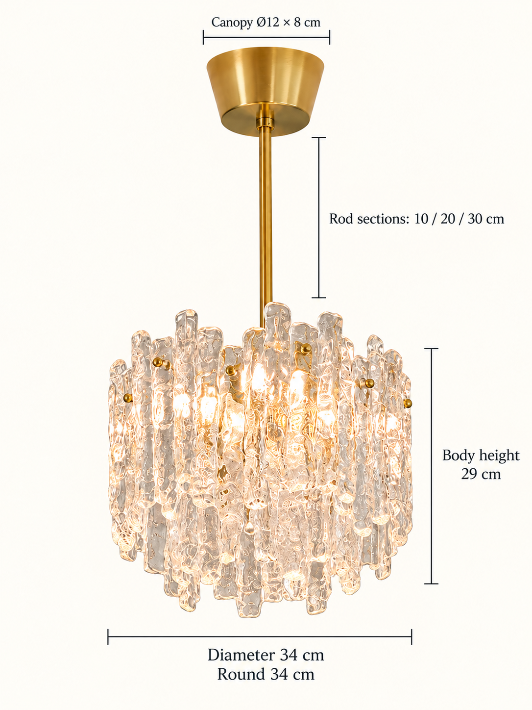 Round 34 cm model dimensions: diameter 34 cm, body height 29 cm, canopy 12 by 8 cm