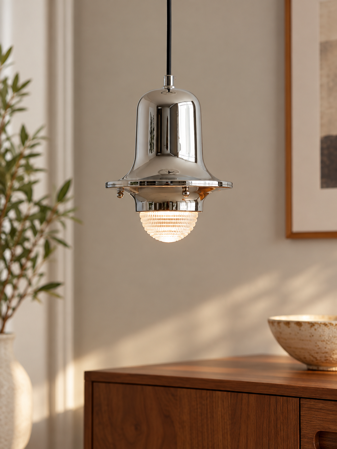 Chrome Bell Glass Pendant illuminated above a walnut sideboard