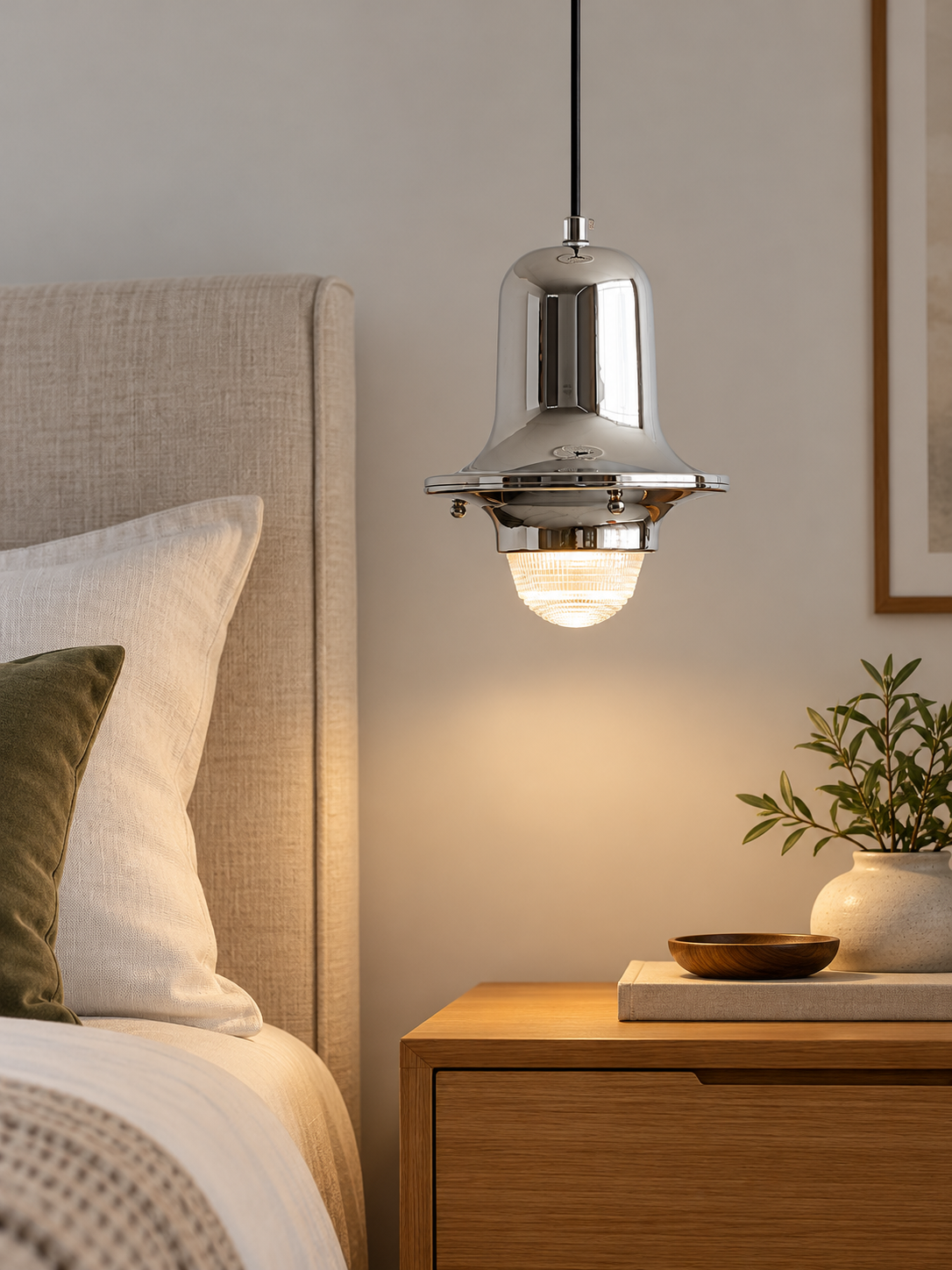 Chrome Bell Glass Pendant beside a linen headboard