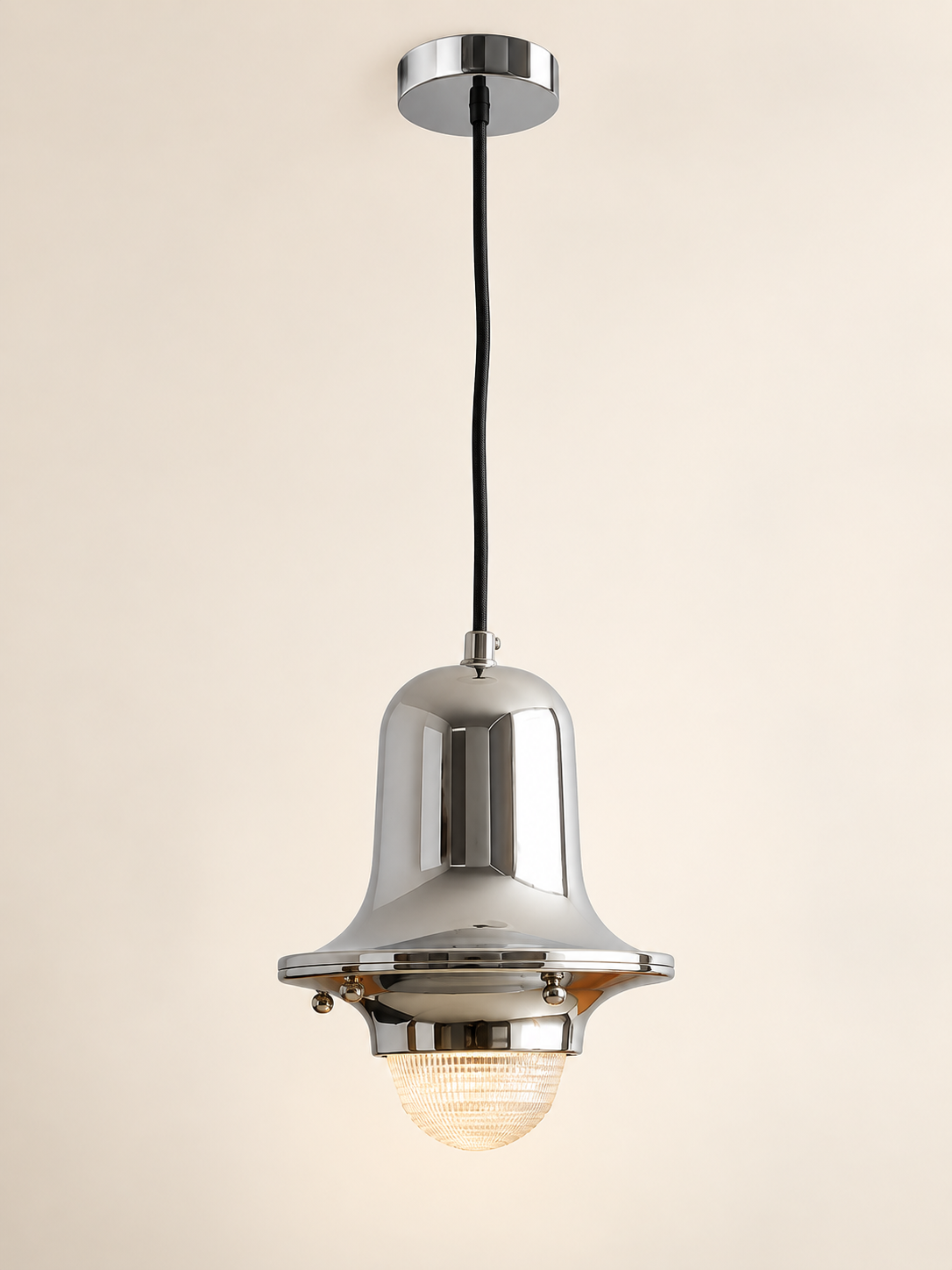 Full Chrome Bell Glass Pendant with black cable and chrome ceiling canopy