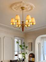 MD4707 6-light chandelier with cream pleated shades and tapered wood center