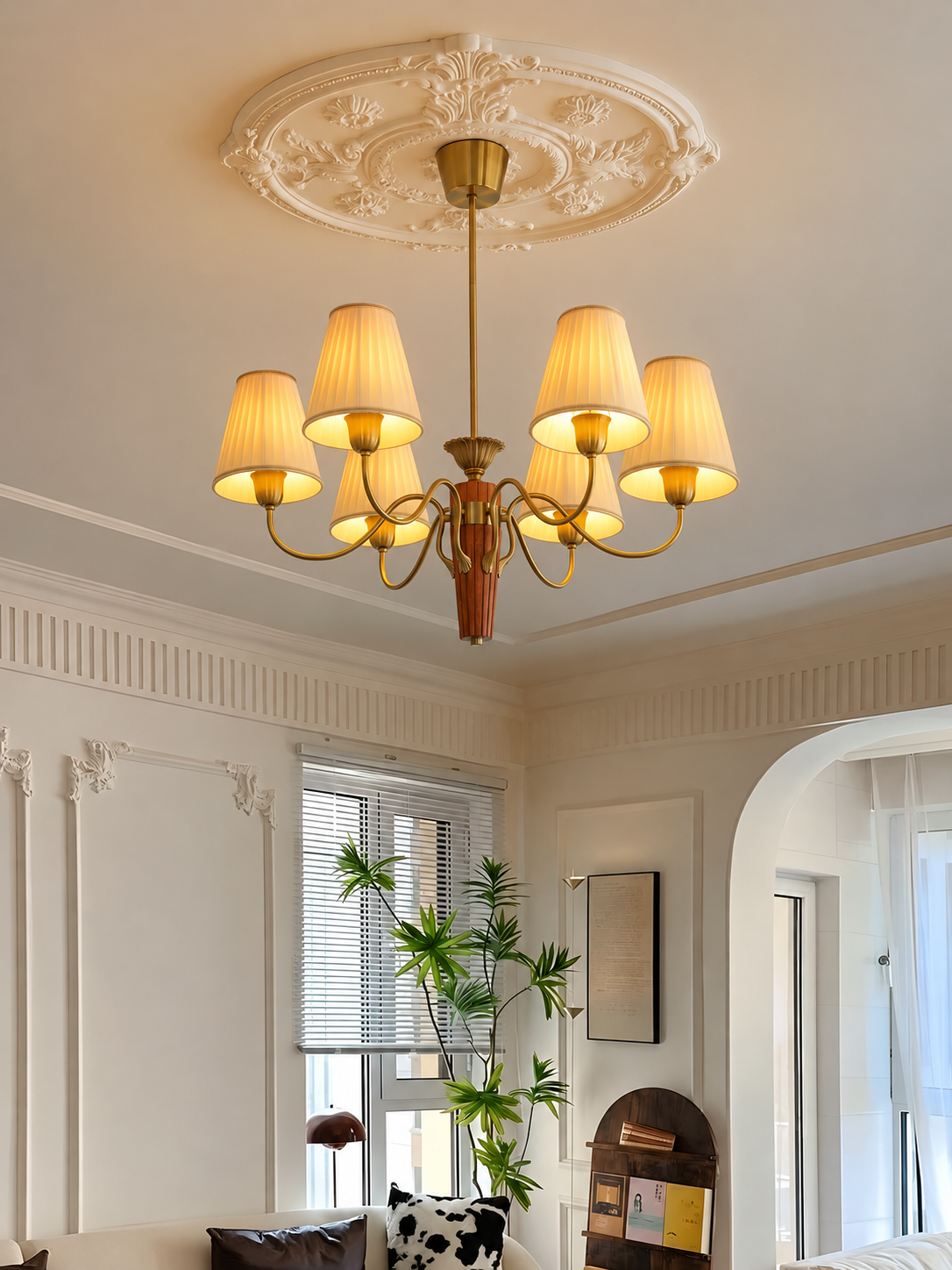 MD4707 6-light chandelier with cream pleated shades and tapered wood center
