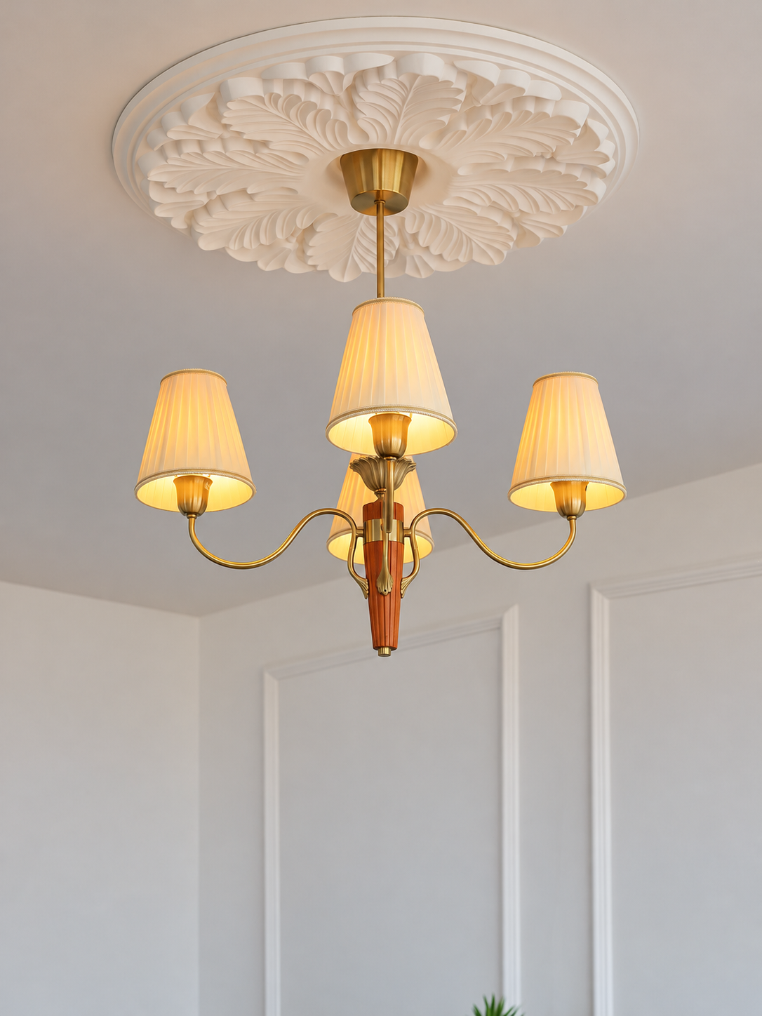 MD4707 4-light chandelier with cream pleated shades and tapered wood center