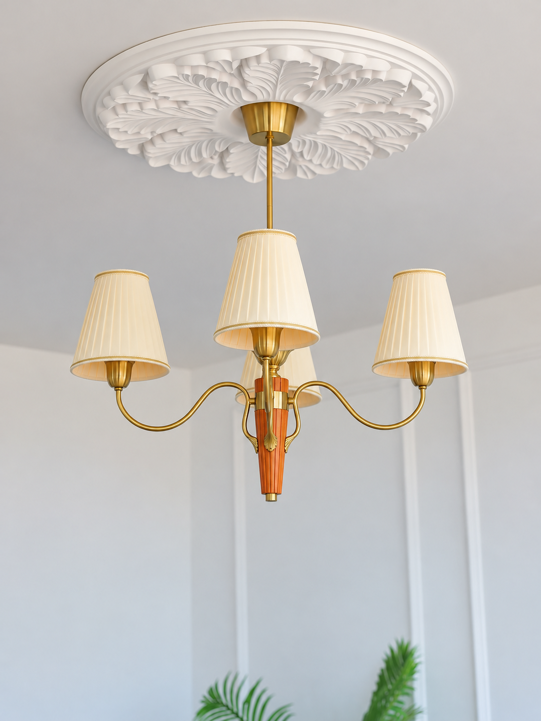 MD4707 4-light chandelier with cream pleated shades and tapered wood center