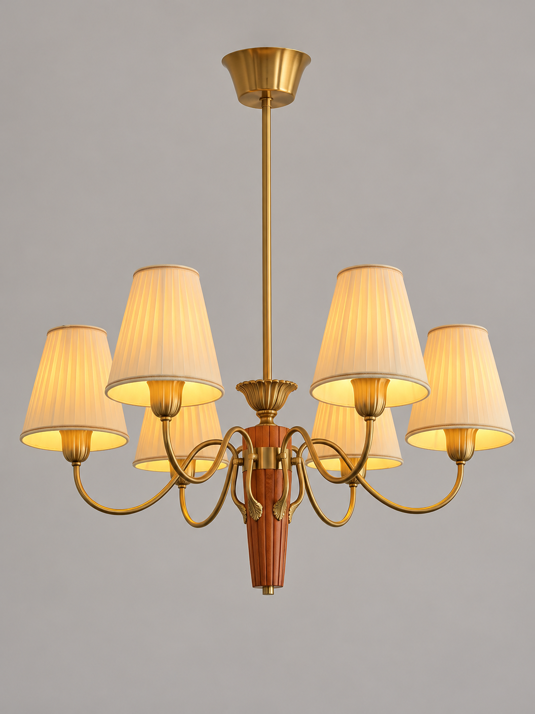 MD4707 6-light chandelier with cream pleated shades and tapered wood center