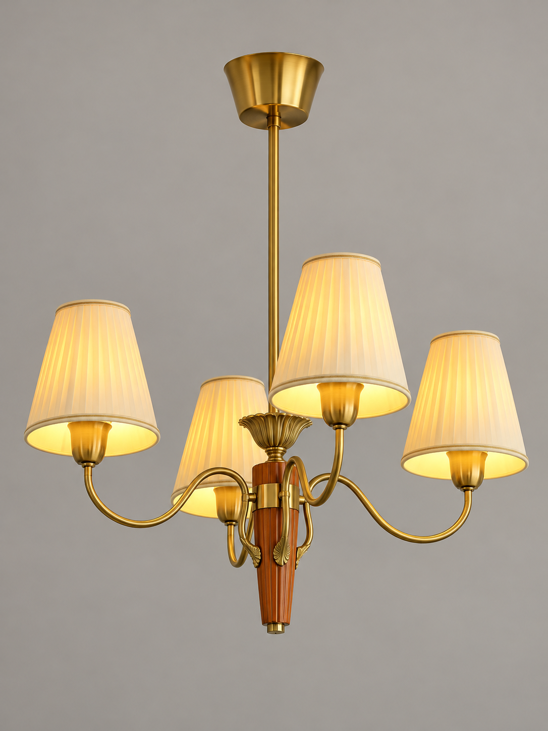 MD4707 4-light chandelier with cream pleated shades and tapered wood center