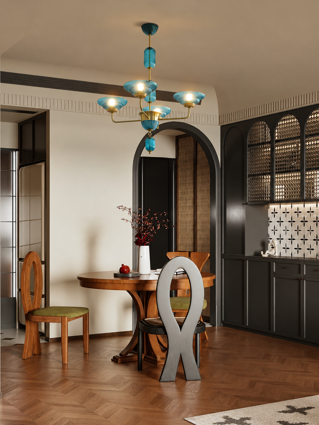 MD4720 4-light blue ribbed glass bowl chandelier with copper-tone arms