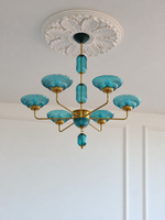 MD4720 6-light blue ribbed glass bowl chandelier with copper-tone arms