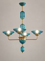MD4720 4-light blue ribbed glass bowl chandelier with copper-tone arms