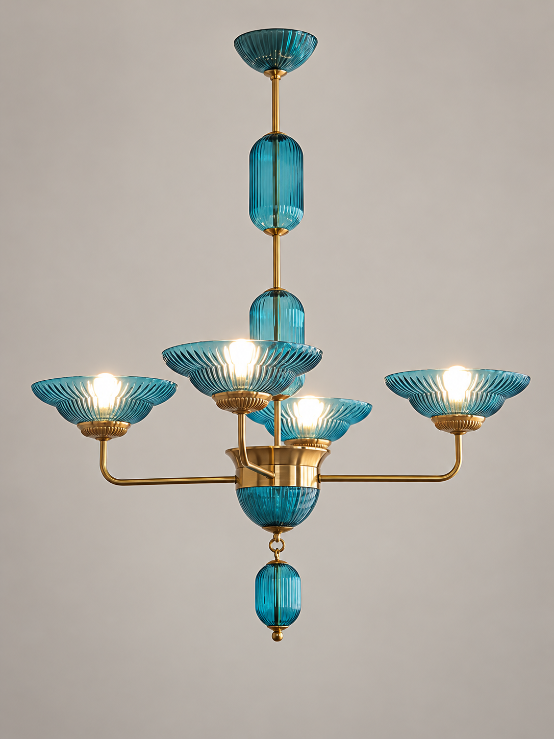 MD4720 4-light blue ribbed glass bowl chandelier with copper-tone arms