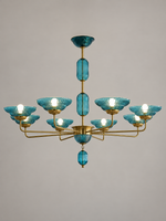MD4720 8-light blue ribbed glass bowl chandelier with copper-tone arms