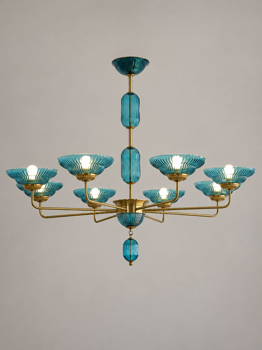 MD4720 8-light blue ribbed glass bowl chandelier with copper-tone arms