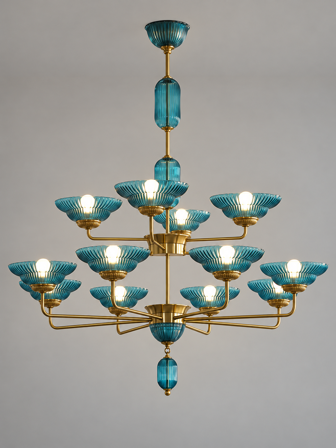 MD4720 12-light blue ribbed glass bowl chandelier with copper-tone arms