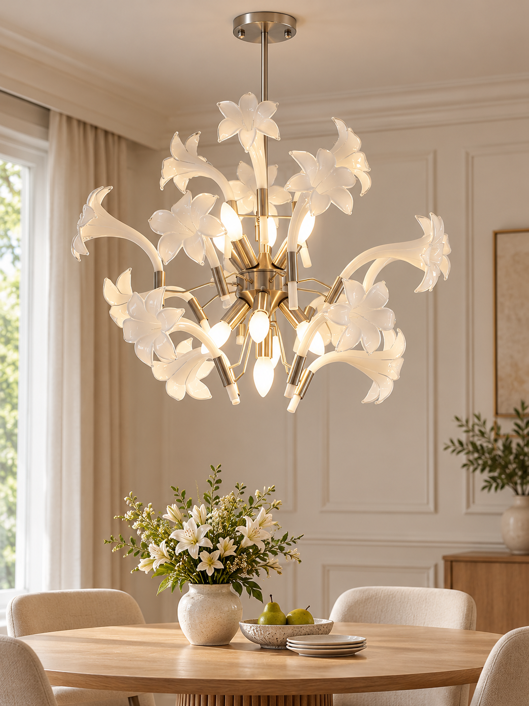 White Glass Lily Chandelier in satin nickel above an oak dining table