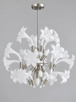 Unlit white glass lily chandelier with satin-nickel framework