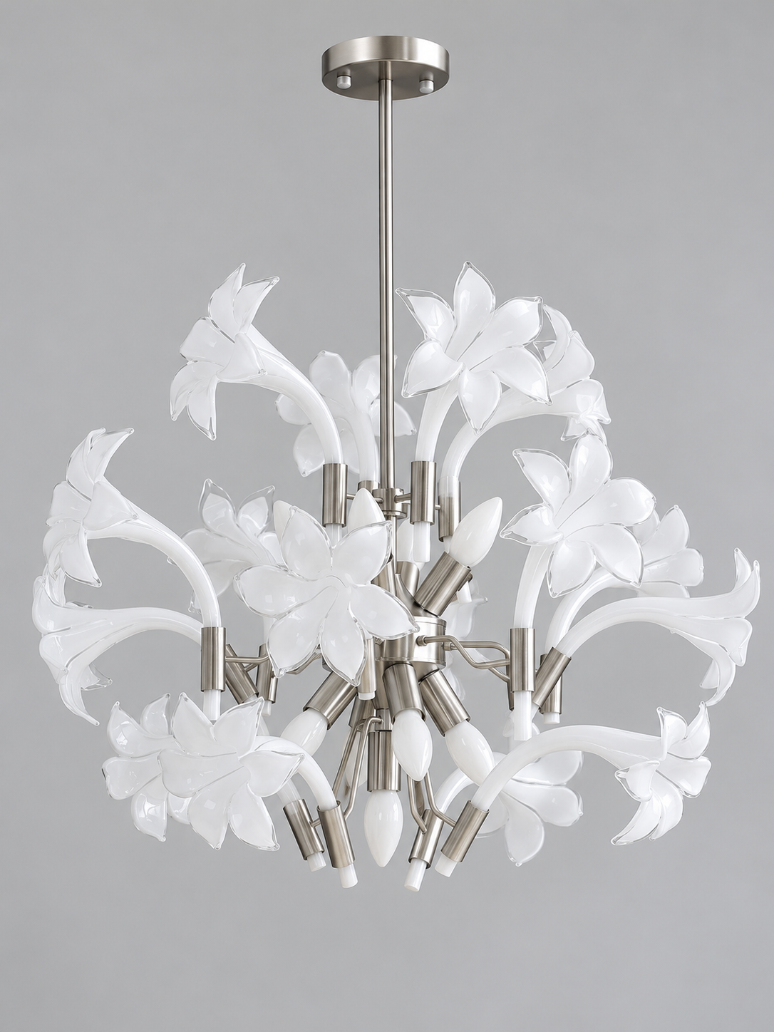 Unlit white glass lily chandelier with satin-nickel framework