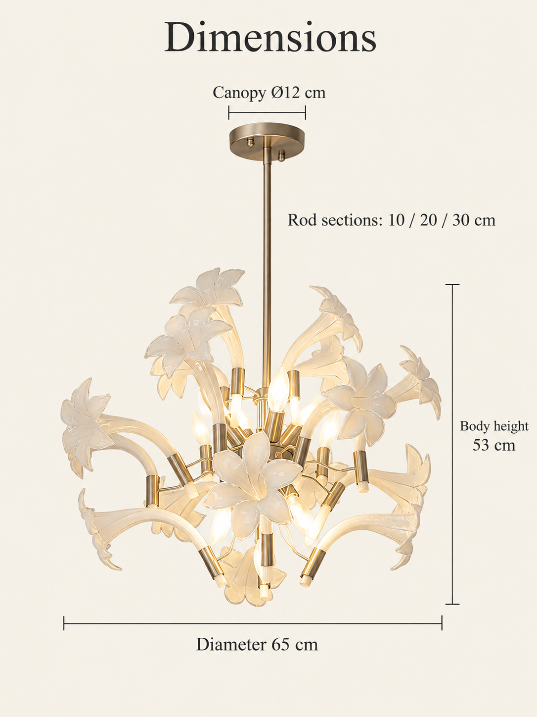 MD4864 dimensions: diameter 65 cm, body height 53 cm, canopy 12 cm and 10, 20 or 30 cm rod sections