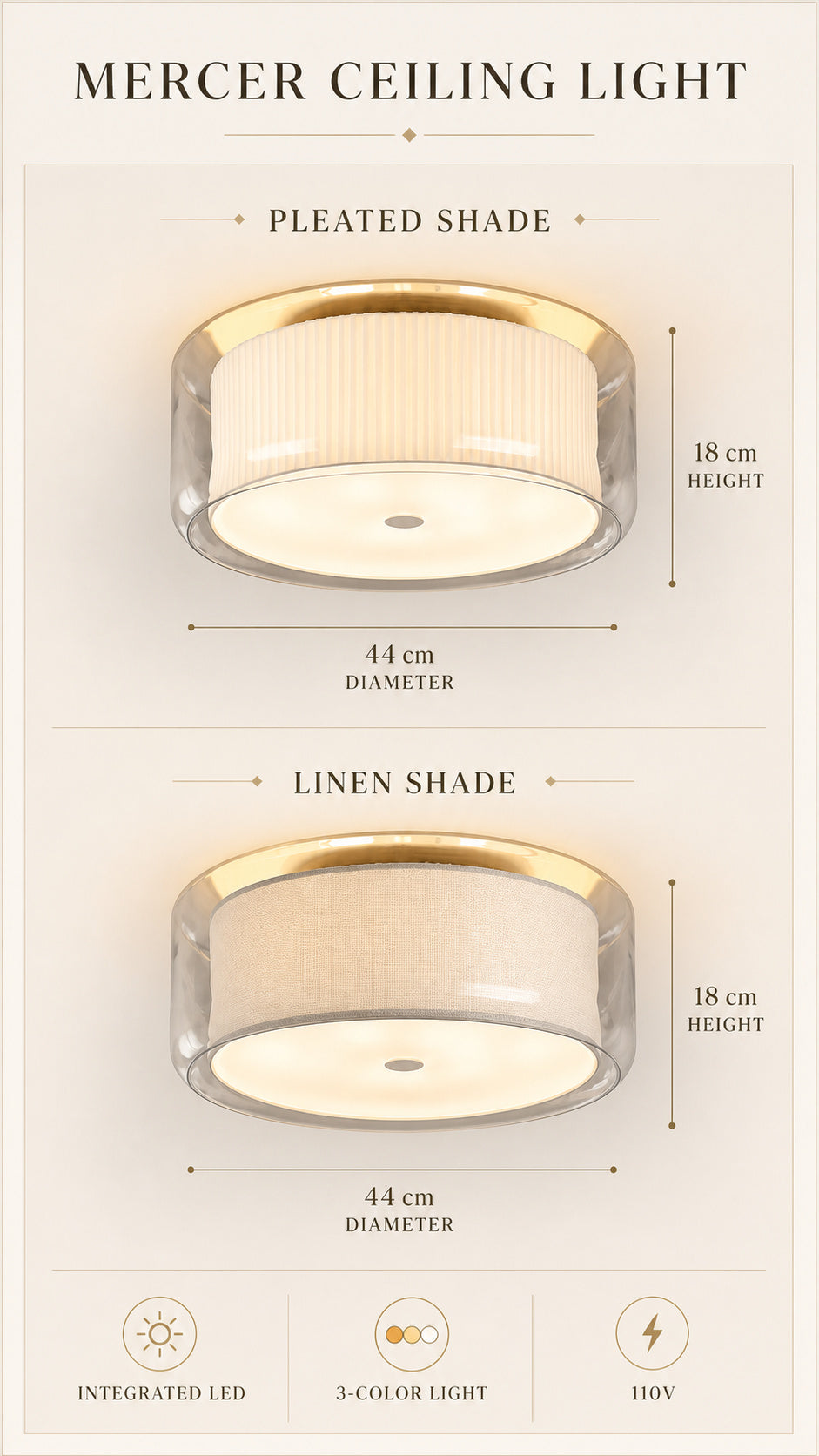 Mercer Ceiling Light shade variants and specifications