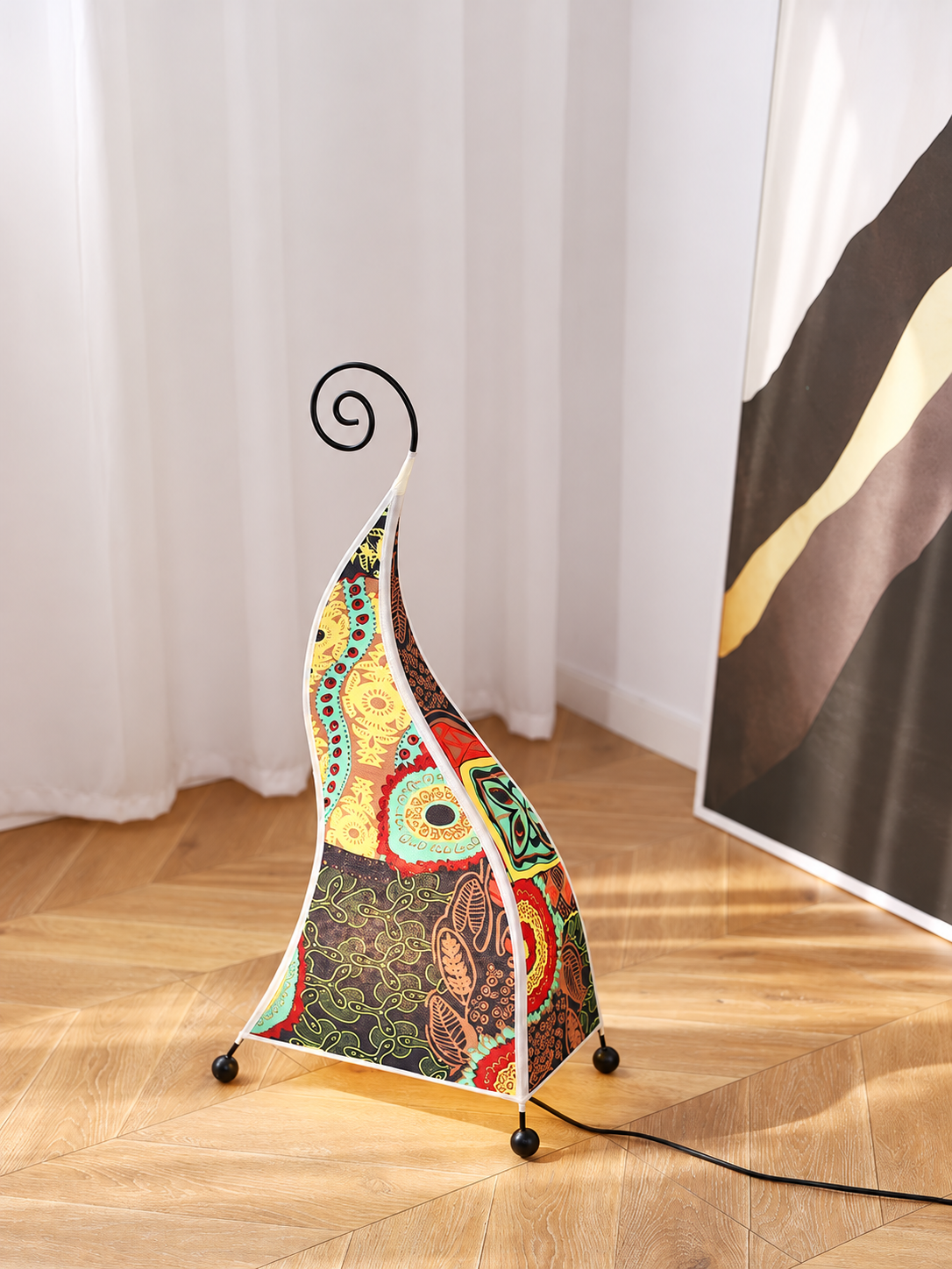 Desert Light patterned fabric floor lamp with spiral iron top, 76 cm