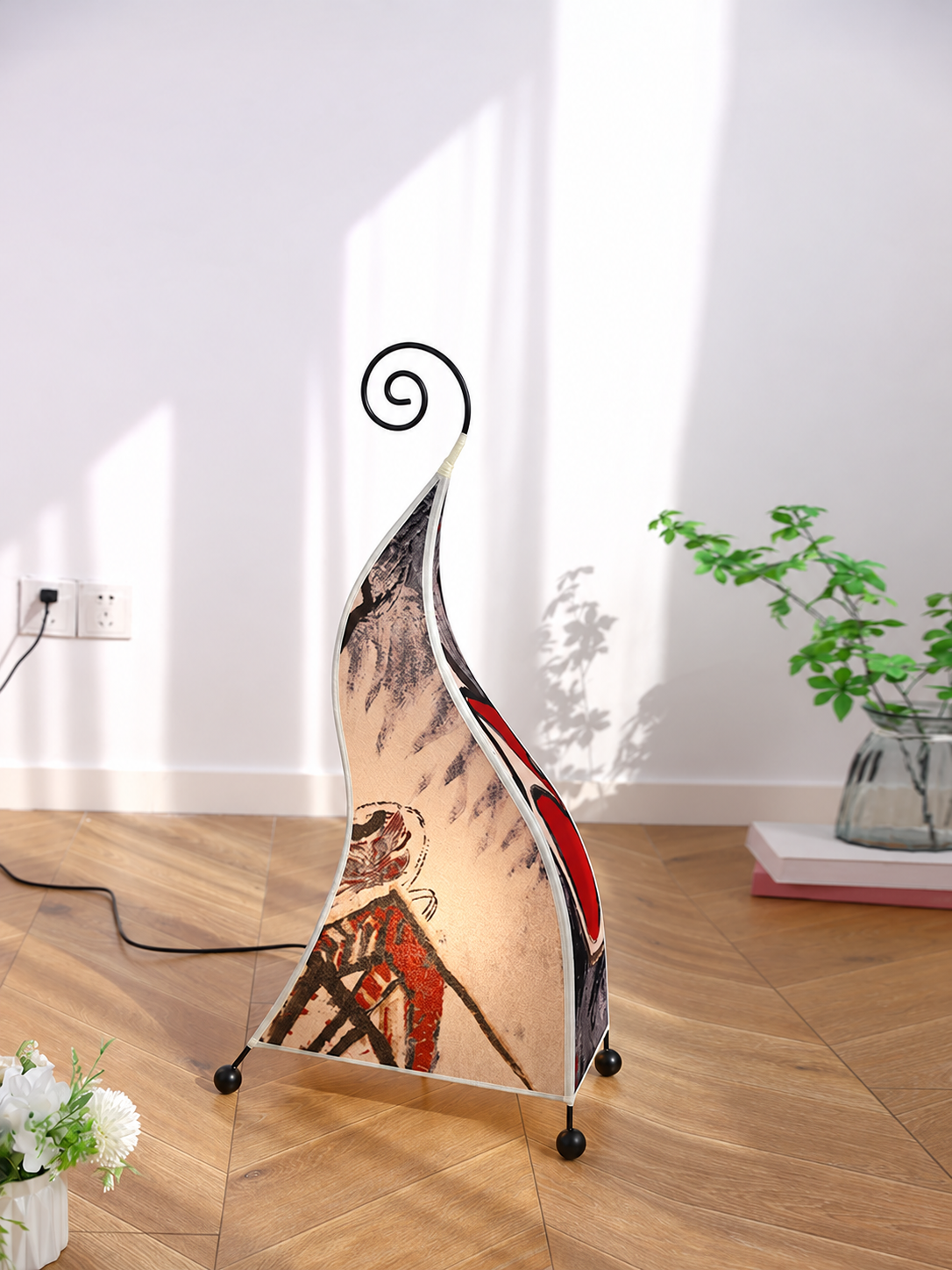 Ancient Warrior patterned fabric floor lamp with spiral iron top, 76 cm