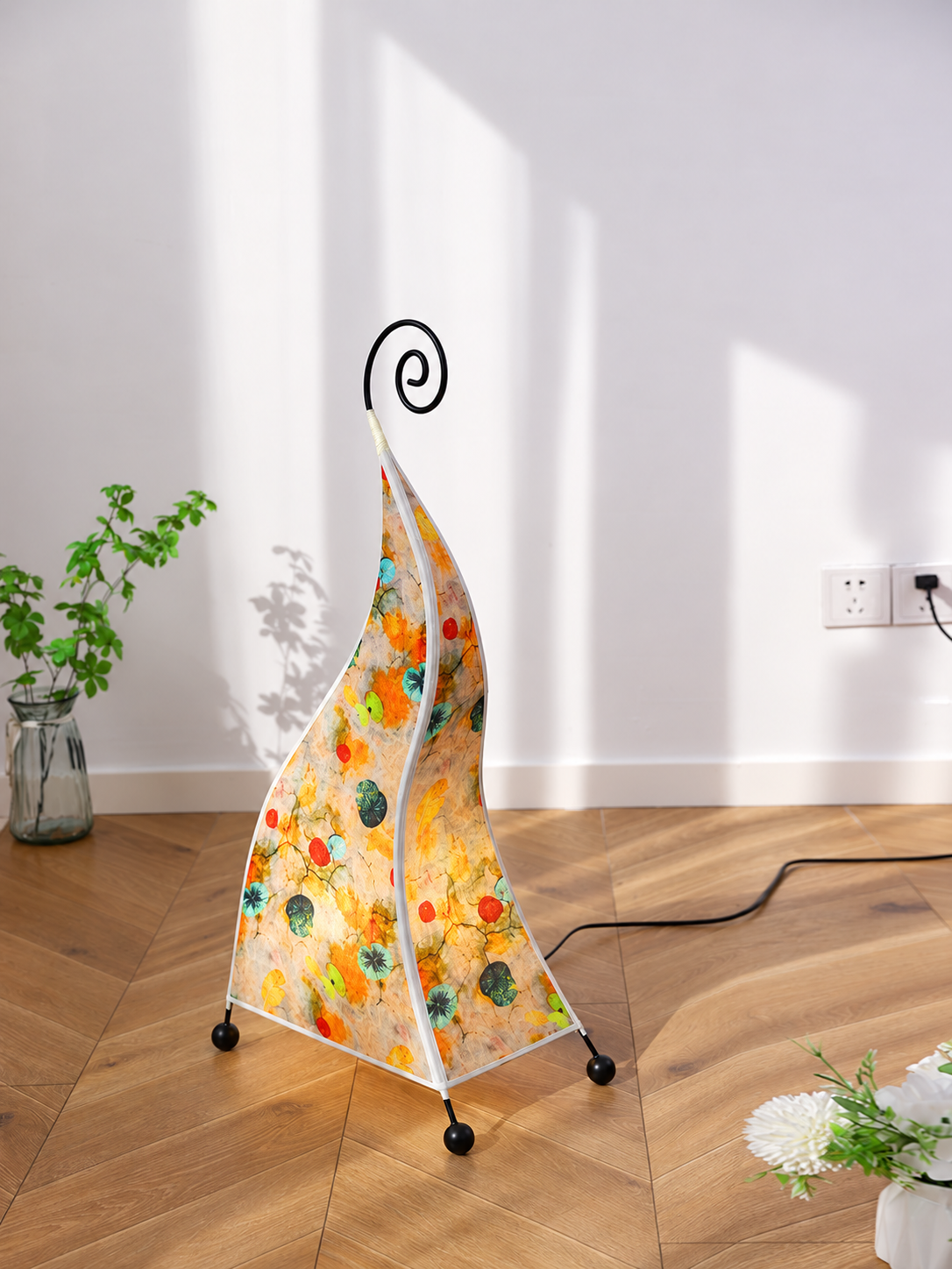 Colorful Lotus patterned fabric floor lamp with spiral iron top, 76 cm