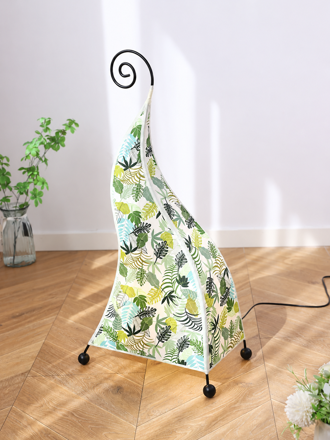 Large Botanical patterned fabric floor lamp with spiral iron top, 100 cm