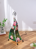 Moonlit Lotus Pond patterned fabric floor lamp with spiral iron top, 76 cm