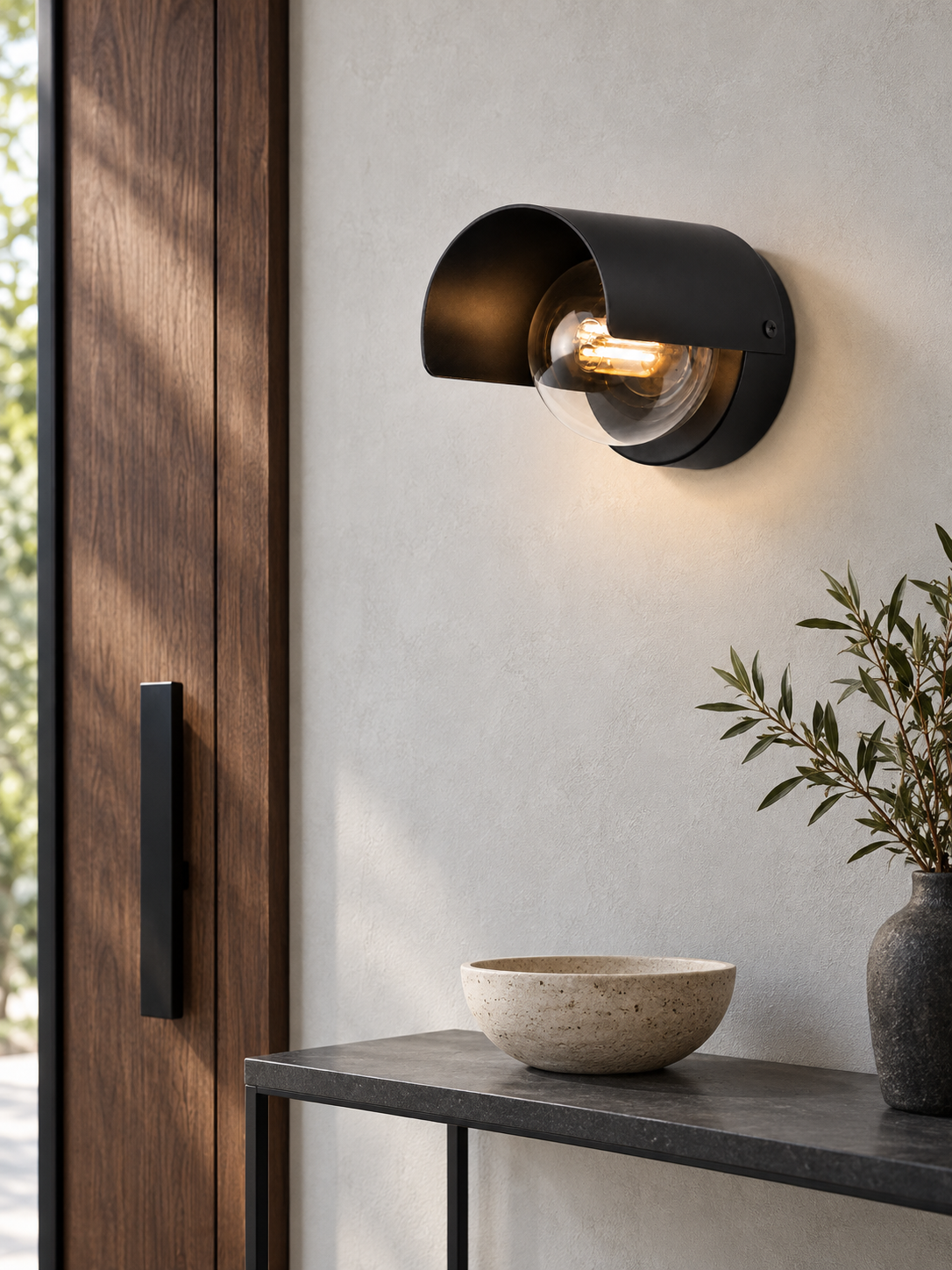 Modern Curved Arc Wall Lamp, black console portrait view