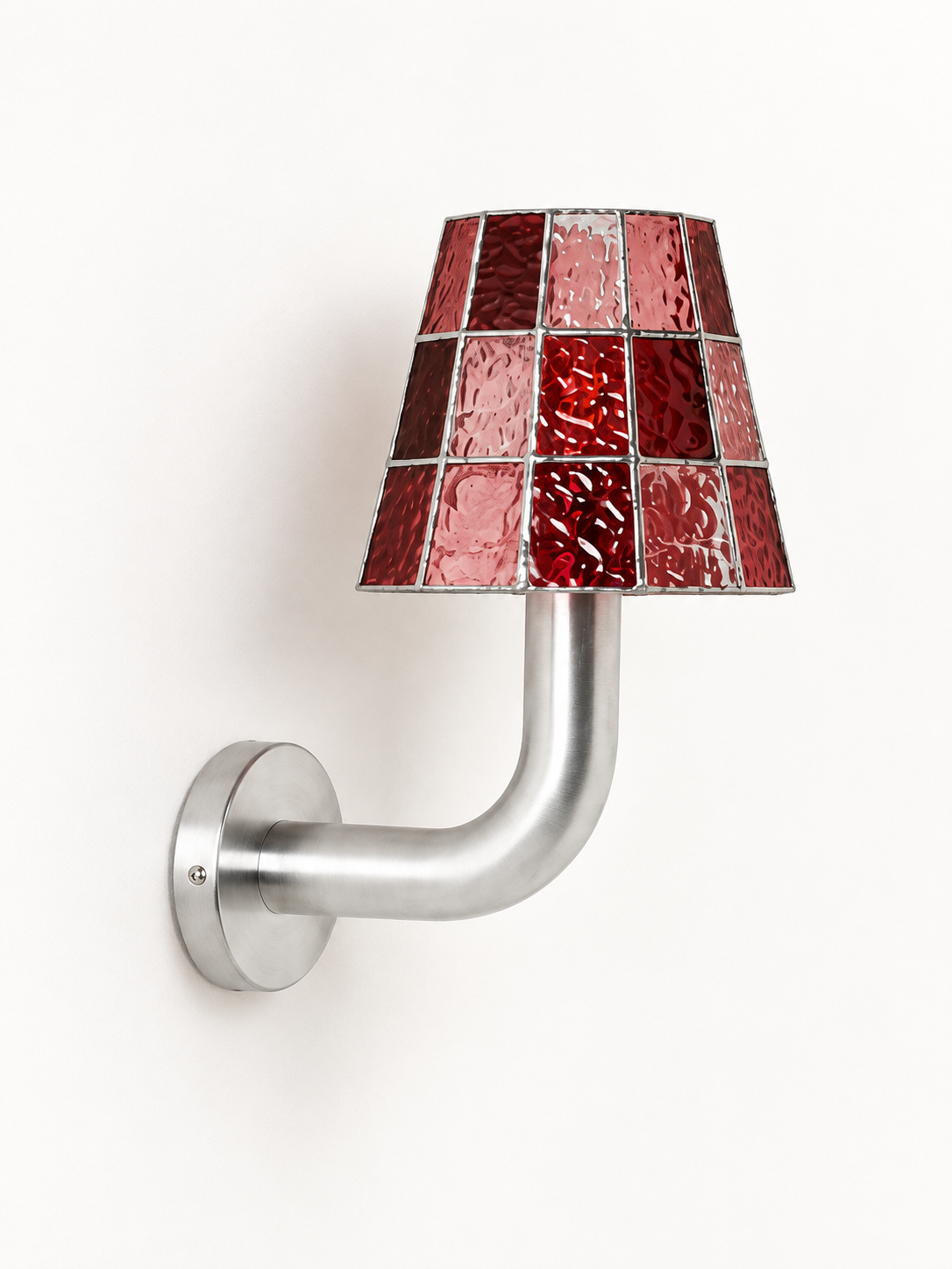 Red mosaic glass curved arm wall sconce with silver-tone hardware