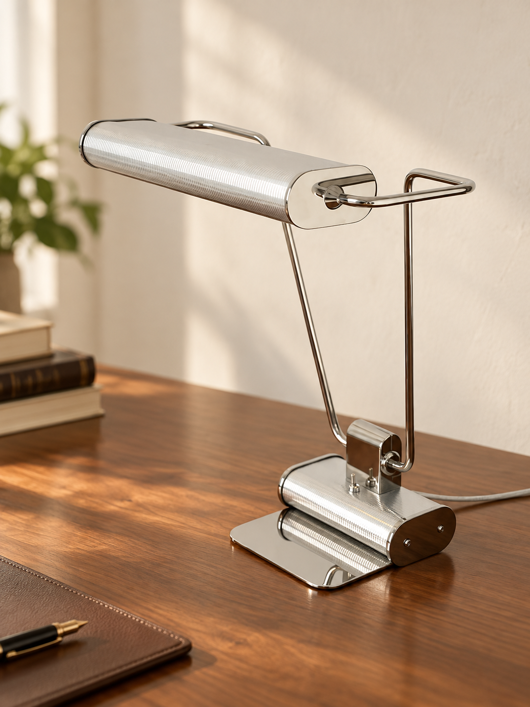 Chrome Line reading table lamp on a walnut desk, three-quarter view