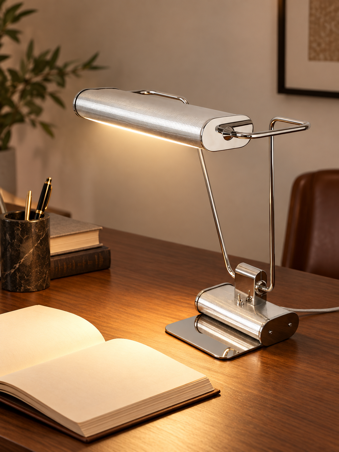 Chrome Line desk lamp providing warm task lighting on a writing desk