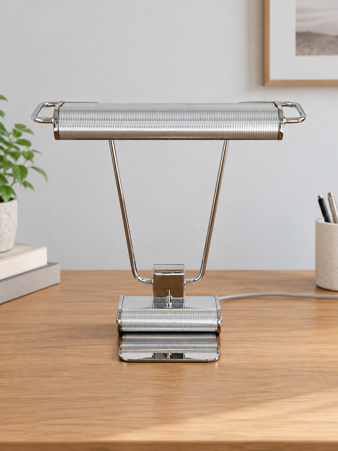 Front view of the Chrome Line table lamp with slim metal supports